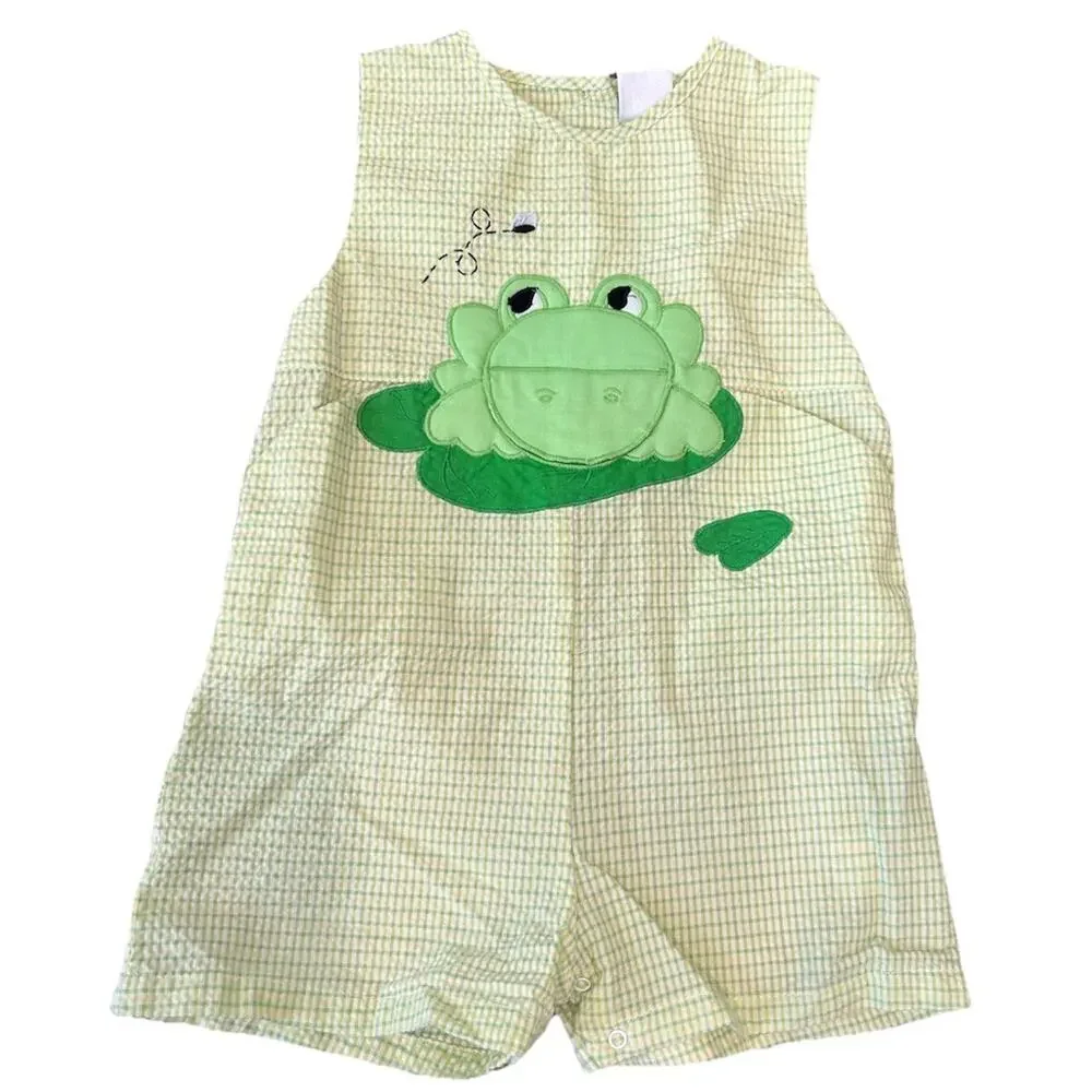 Boys Sz 12m‎ Green Plaid Frog Seersucker Overalls Romper Pockets Embroidered ZU